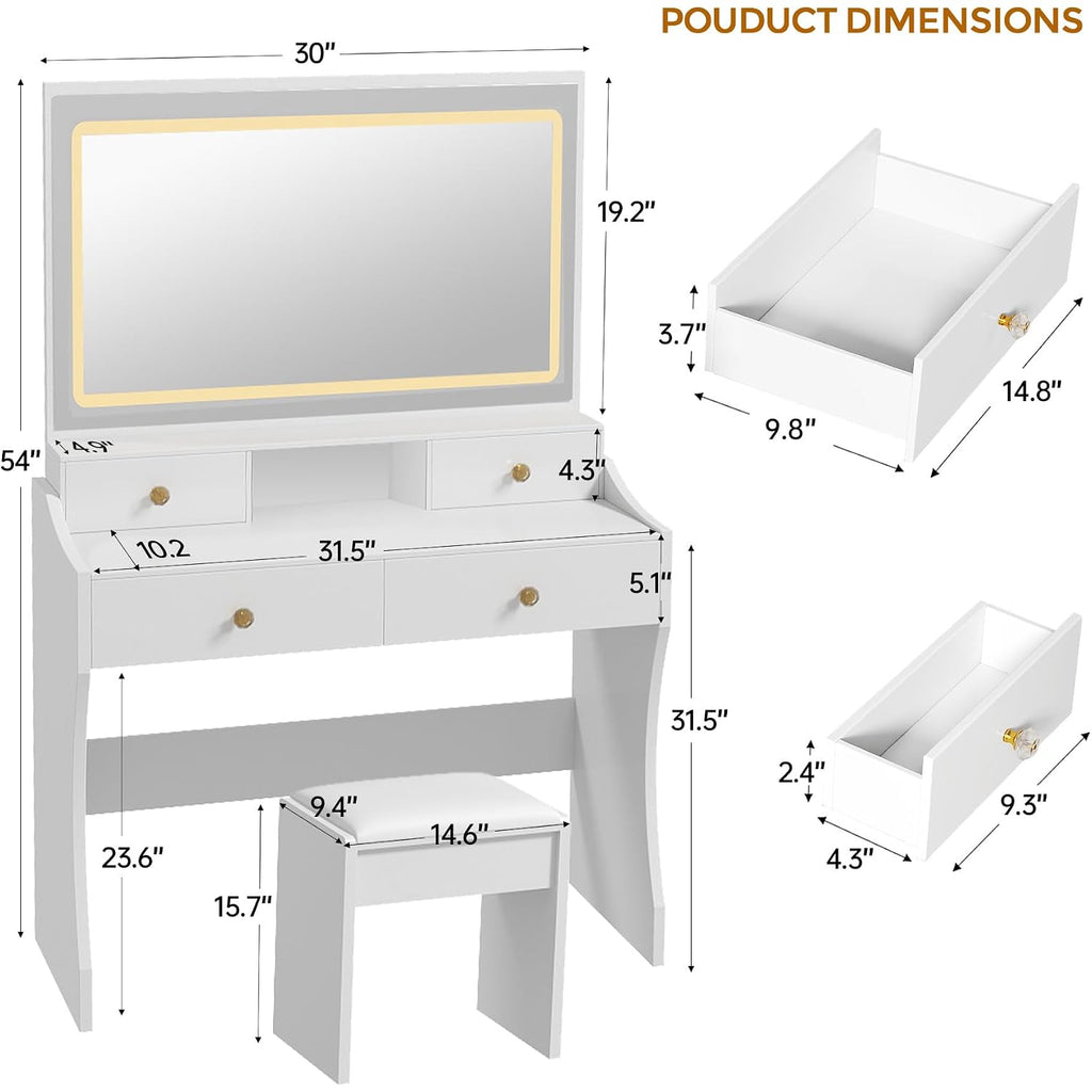 Comhoma Makeup Vanity Desk With Mirror And Lights, Vanity Table And Chair Set With 5 Drawers & Charging Station, Bedroom Dressing Table, Stepless Dimmable & 3 Color Modes Adjustable, Snow White