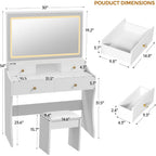 Comhoma Makeup Vanity Desk With Mirror And Lights, Vanity Table And Chair Set With 5 Drawers & Charging Station, Bedroom Dressing Table, Stepless Dimmable & 3 Color Modes Adjustable, Snow White