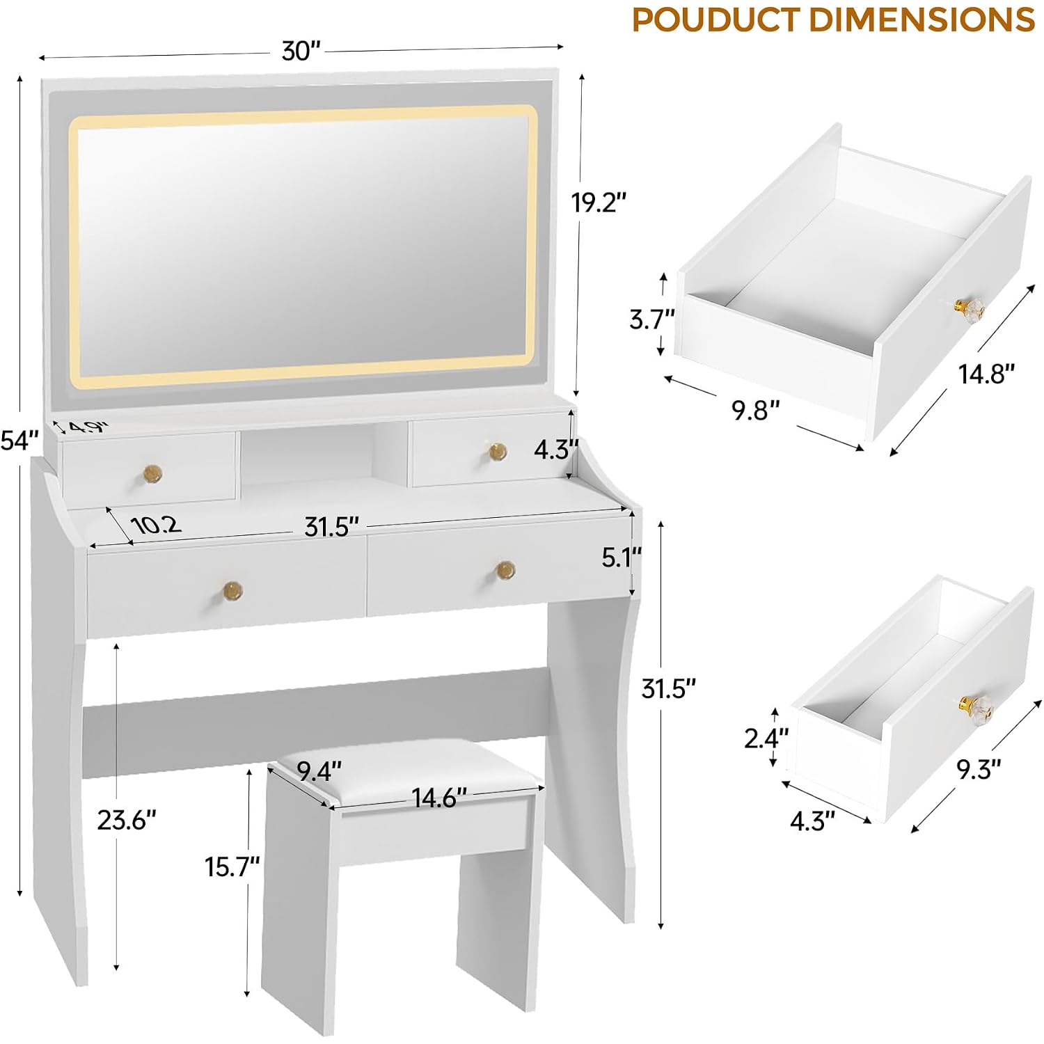 Comhoma Makeup Vanity Desk With Mirror And Lights, Vanity Table And Chair Set With 5 Drawers & Charging Station, Bedroom Dressing Table, Stepless Dimmable & 3 Color Modes Adjustable, Snow White