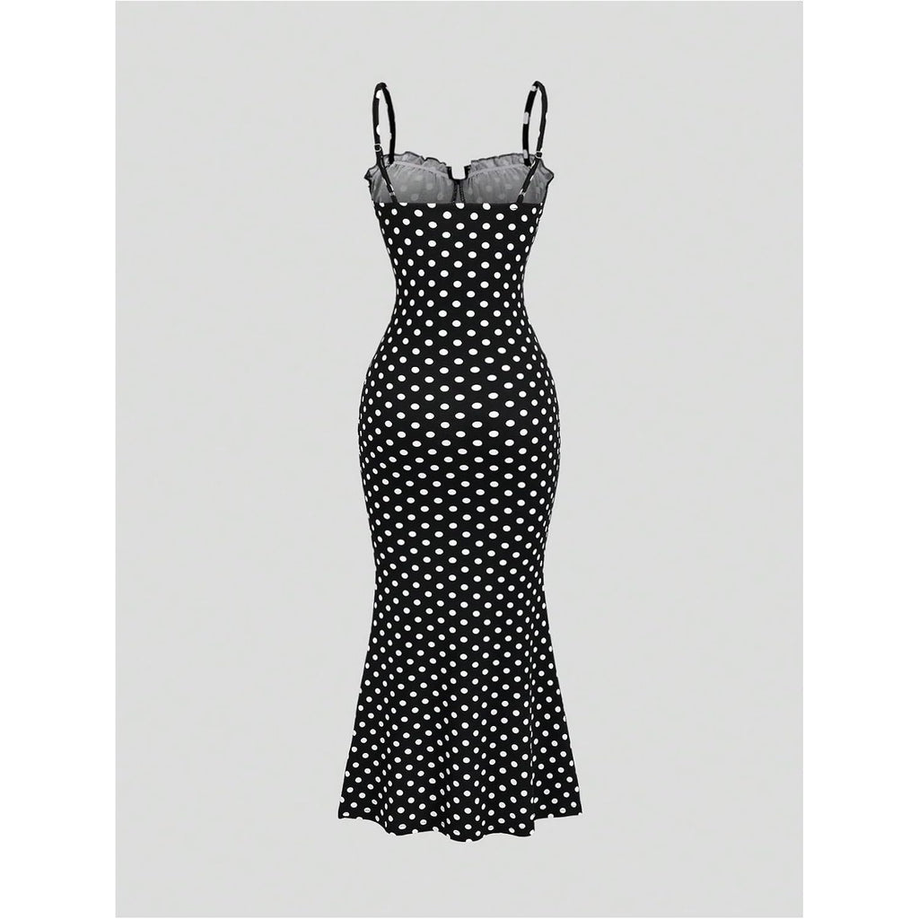 Milumia Women'S Polka Dots Frill Trim Cami Dress Elegant Ruched Bust Fishtail Maxi Dresses