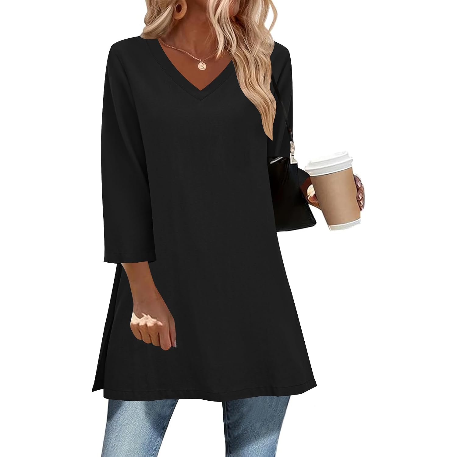 3/4 Length Sleeve Cotton Linen Womens Tops V Neck Loose Fit Dressy Casual Blouse Flowy Shirts Womens Clothing