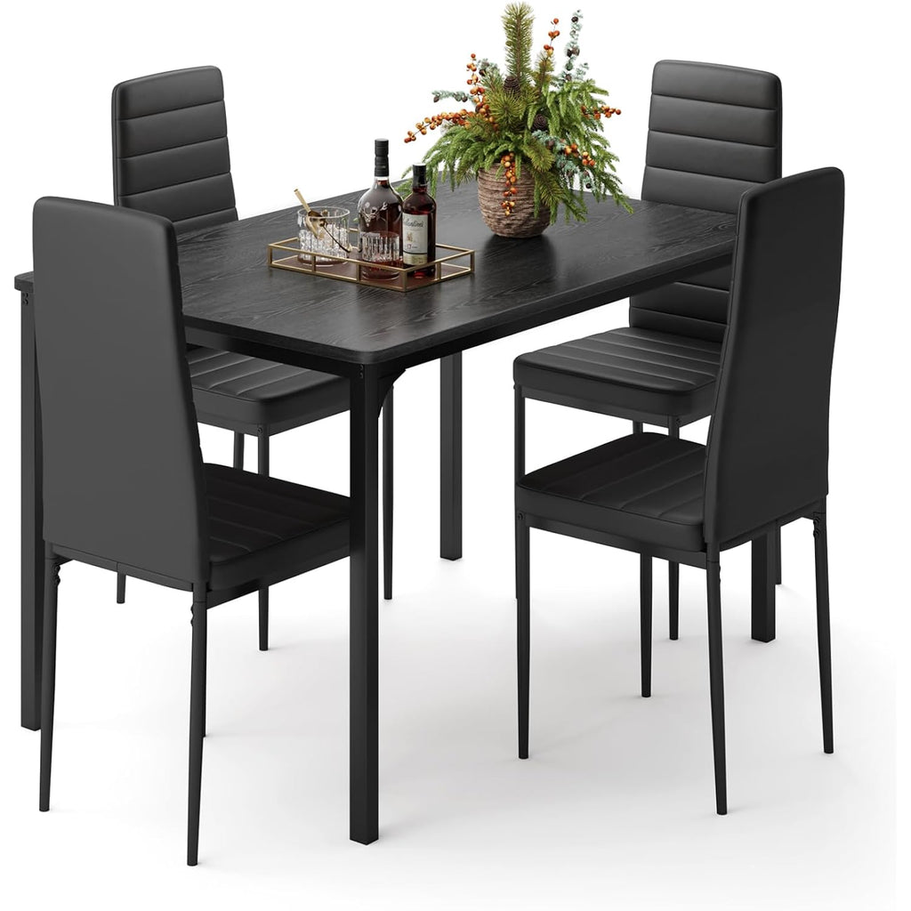 Gizoon Dining Table Set For 4, Kitchen Table Chairs Set Of 4, 5 Piece Kitchen Table Set With 4 Upholstered Pu Leather Chairs For Dining Room, Living Room, Apartment, Small Space, Black
