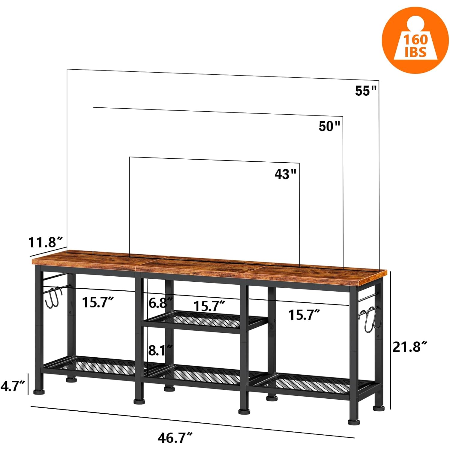Furologee Tv Stand For Tvs Up To 55 Inch, Entertainment Center With Open Storage Shelves, Media Console Table With Soundbar Shelf For Living Room, Bedroom, Rustic Brown
