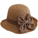 Womens Straw Hat Foldable Wide Brim Floppy Beach Sun Hats, Bucket Cap With Bowknot For Girls