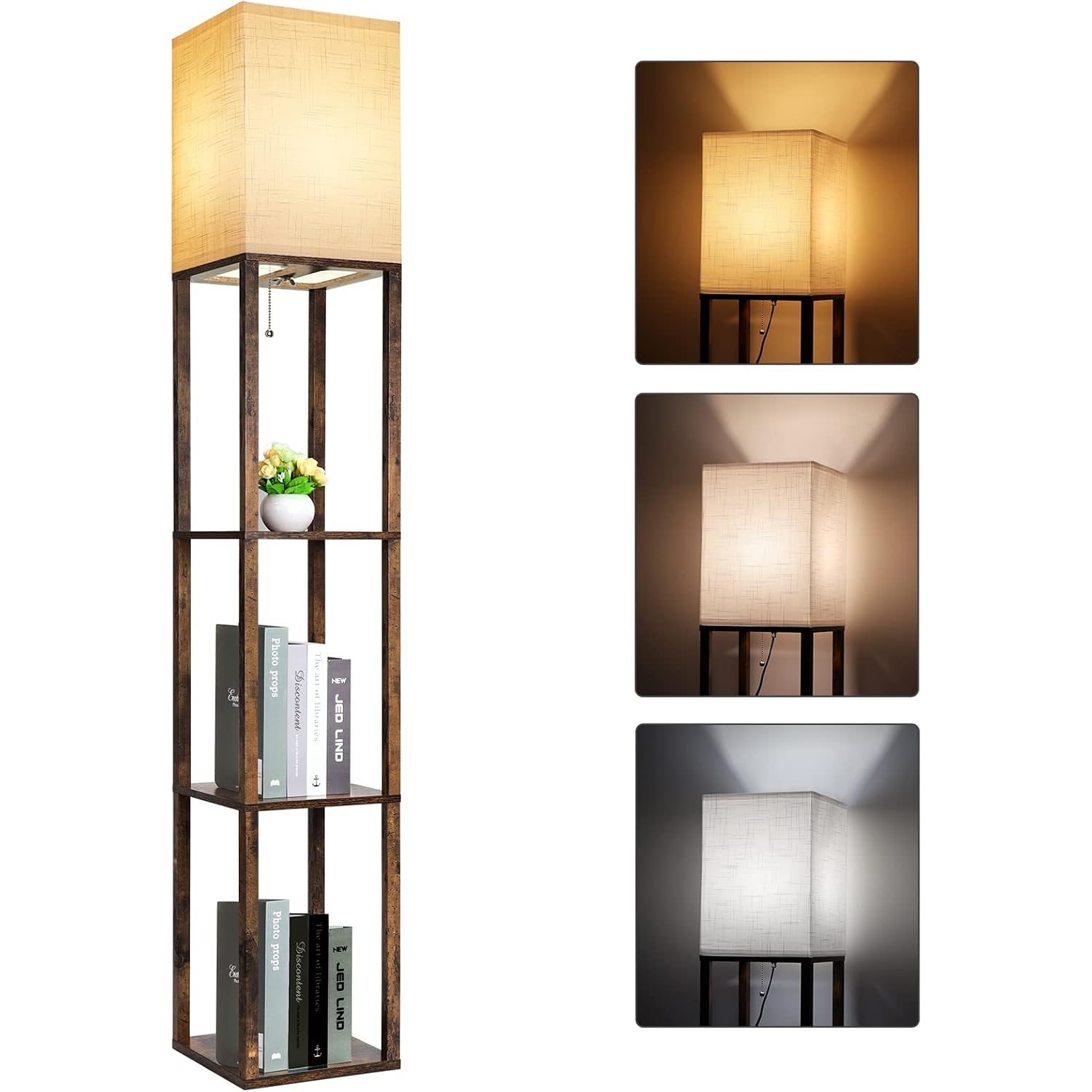 Floor Lamp With Shelves, Modern Shelf Lamp For Display Storage, 3 Color Temperature Wood Narrow Standing Corner Lamp With 8W Bulb For Living Room Decor, Bedroom, Office, Home Decor(Brown)