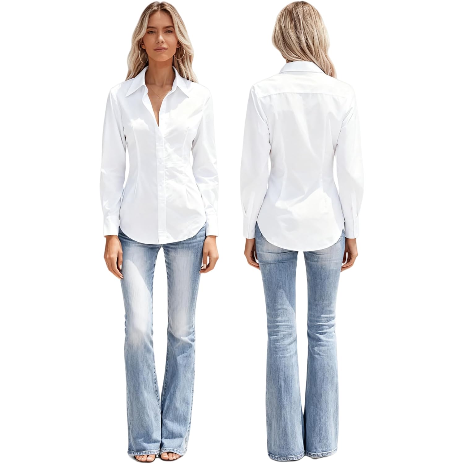 Women'S Button Down Long Sleeve Fitted Stretch Dress Shirts Wrinkle Free Work Blouses Collared Business Casual Tops