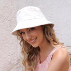 Bucket Hat for Women Men, Reversible Cotton Summer Sun Beach Cap Solid Color Style White