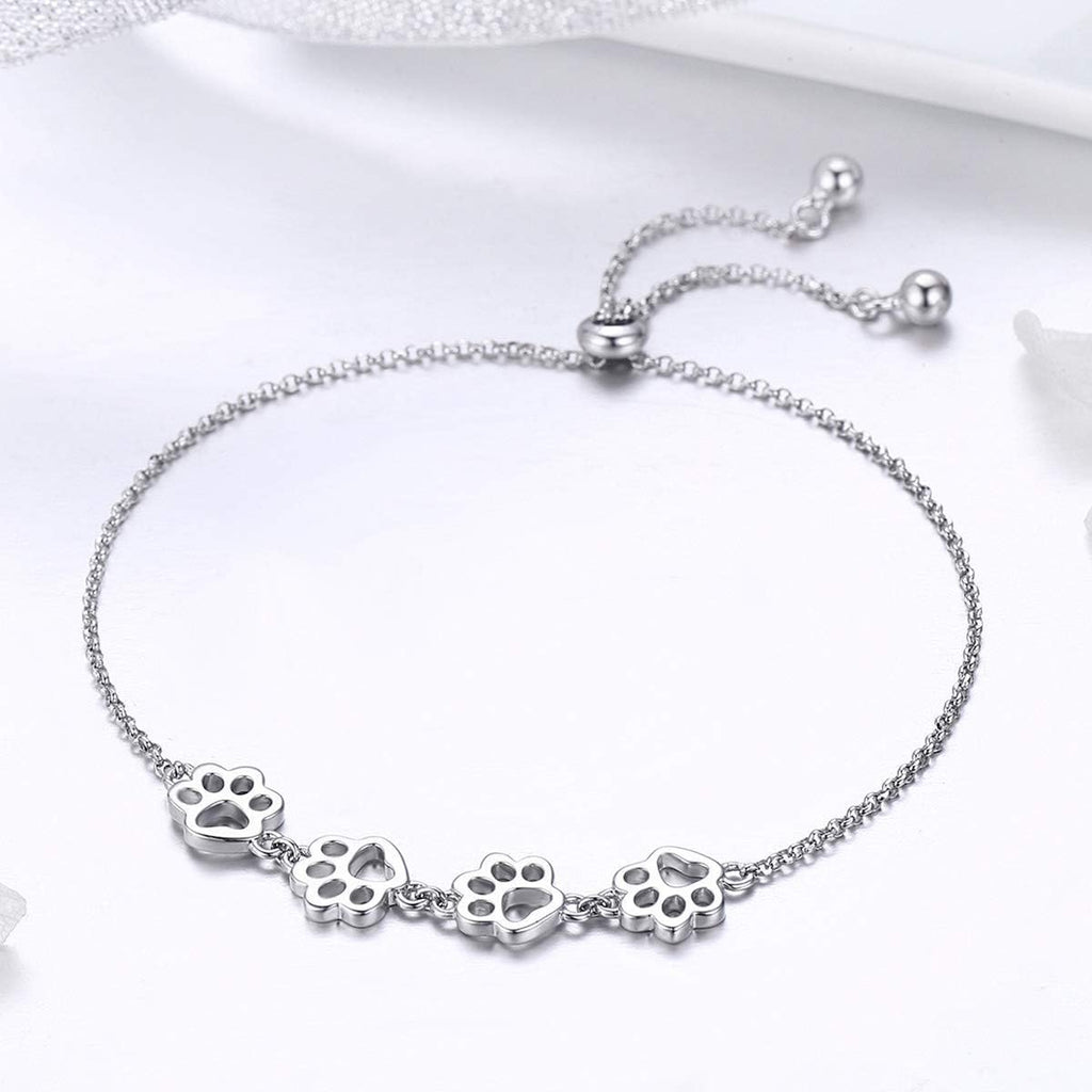 BISAER 925 Sterling Silver Paw Print Charm Bracelet for Women Cute Cat Dog Paw Bracelet Adjustable Slider Bracelet for Dog Pet Lover Jewelry Gifts