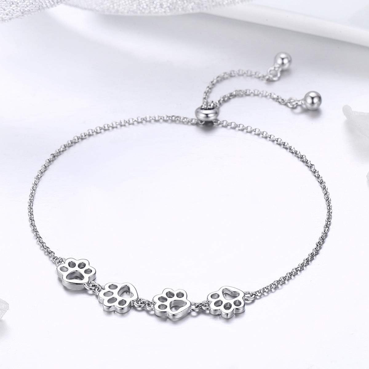 BISAER 925 Sterling Silver Paw Print Charm Bracelet for Women Cute Cat Dog Paw Bracelet Adjustable Slider Bracelet for Dog Pet Lover Jewelry Gifts