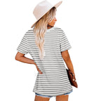 Jescakoo Womens Tops Summer Short Sleeve Ribbed Trim Crewneck T Shirts Spring Vacation Outfits Fashion Clothing Basic Tee A02-white Striped