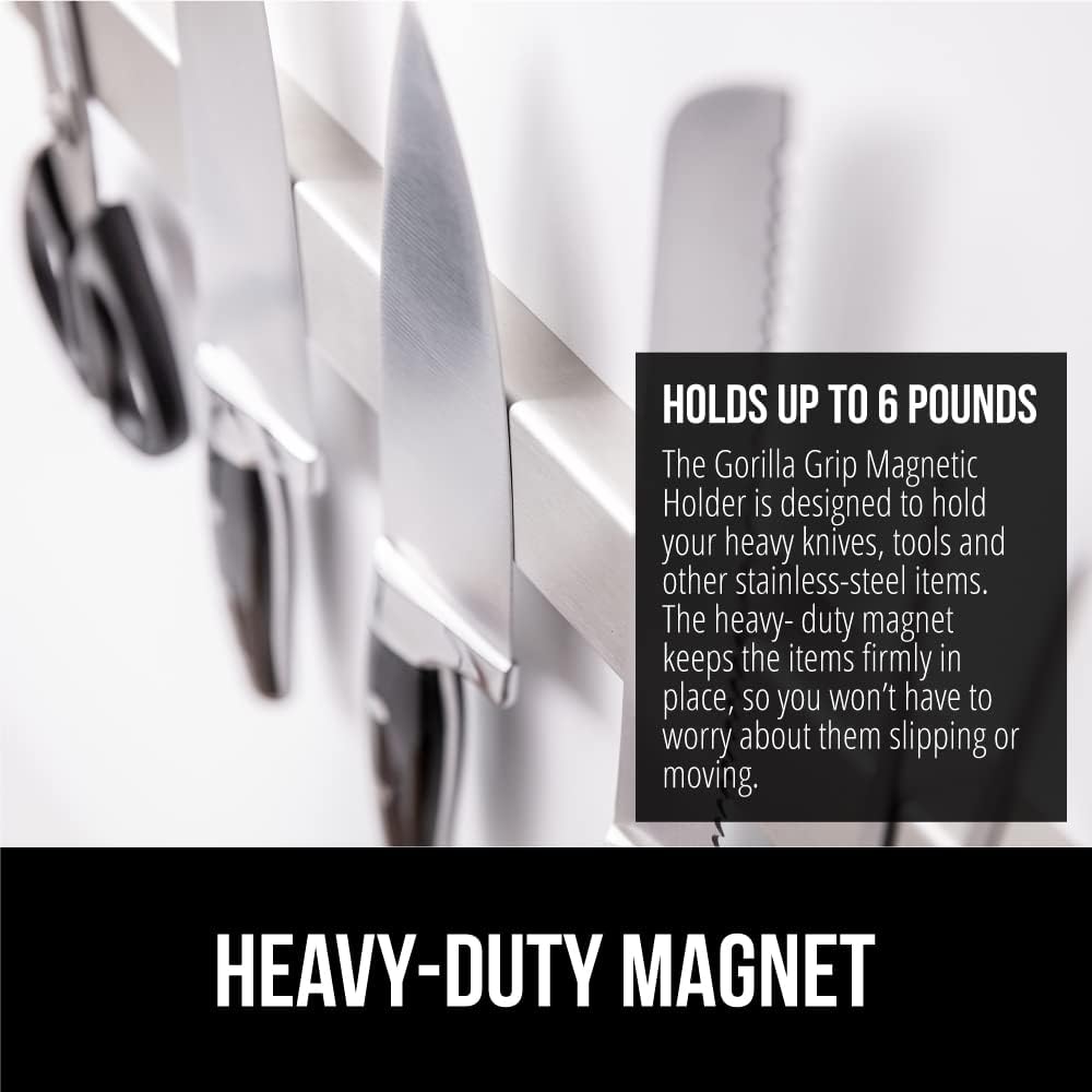 Gorilla Grip 304 Stainless Steel Heavy Duty Magnetic Knife Holder, Secure Wall Mounted Bar For Knives, Tools, Holds Up To 6 Lbs, Kitchen Organizer, 10 Inch Strip, Easy Installation, Screws Included