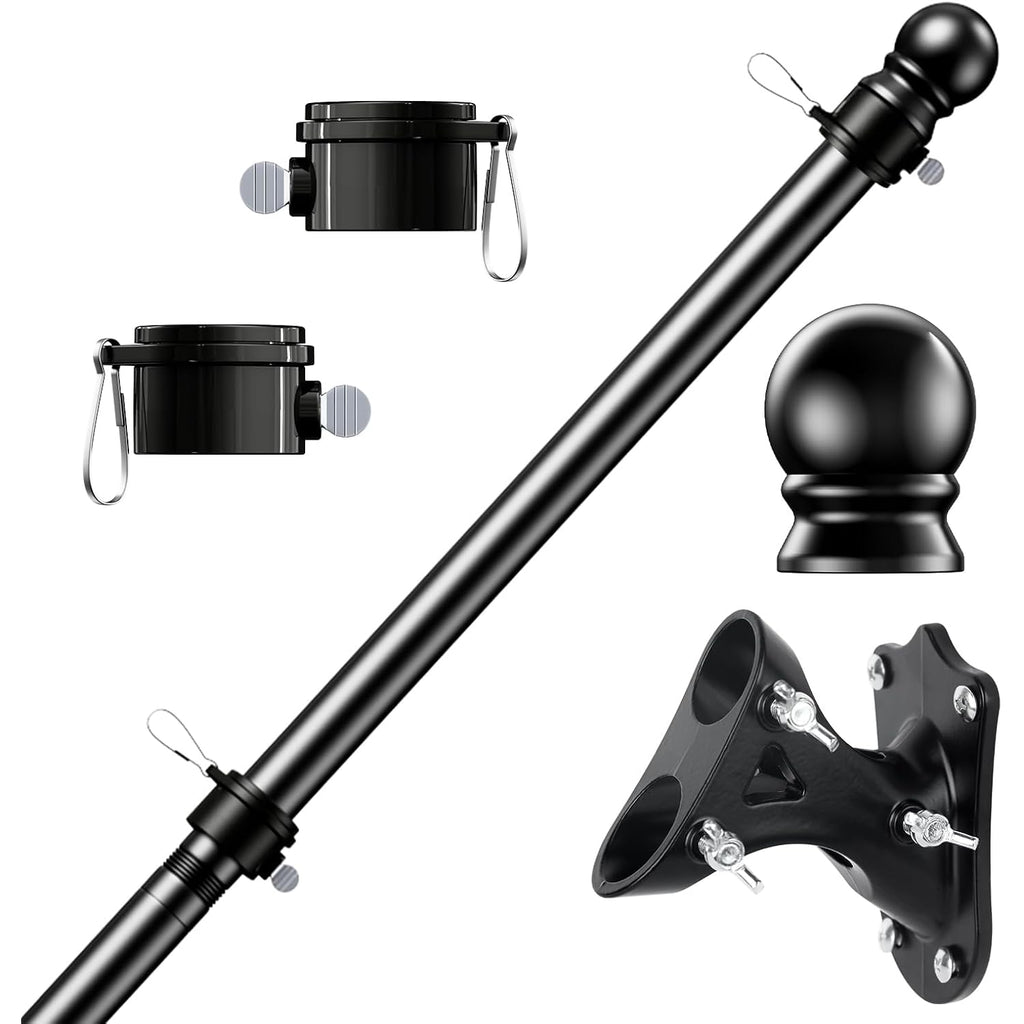Phitric Flag Pole Kit, Tangle Free Spinning Stainless Steel Rustproof Flagpole For 3X5 Sports Fan Outdoor Flags For Outside House (Black, 5Ft, With Bracket)