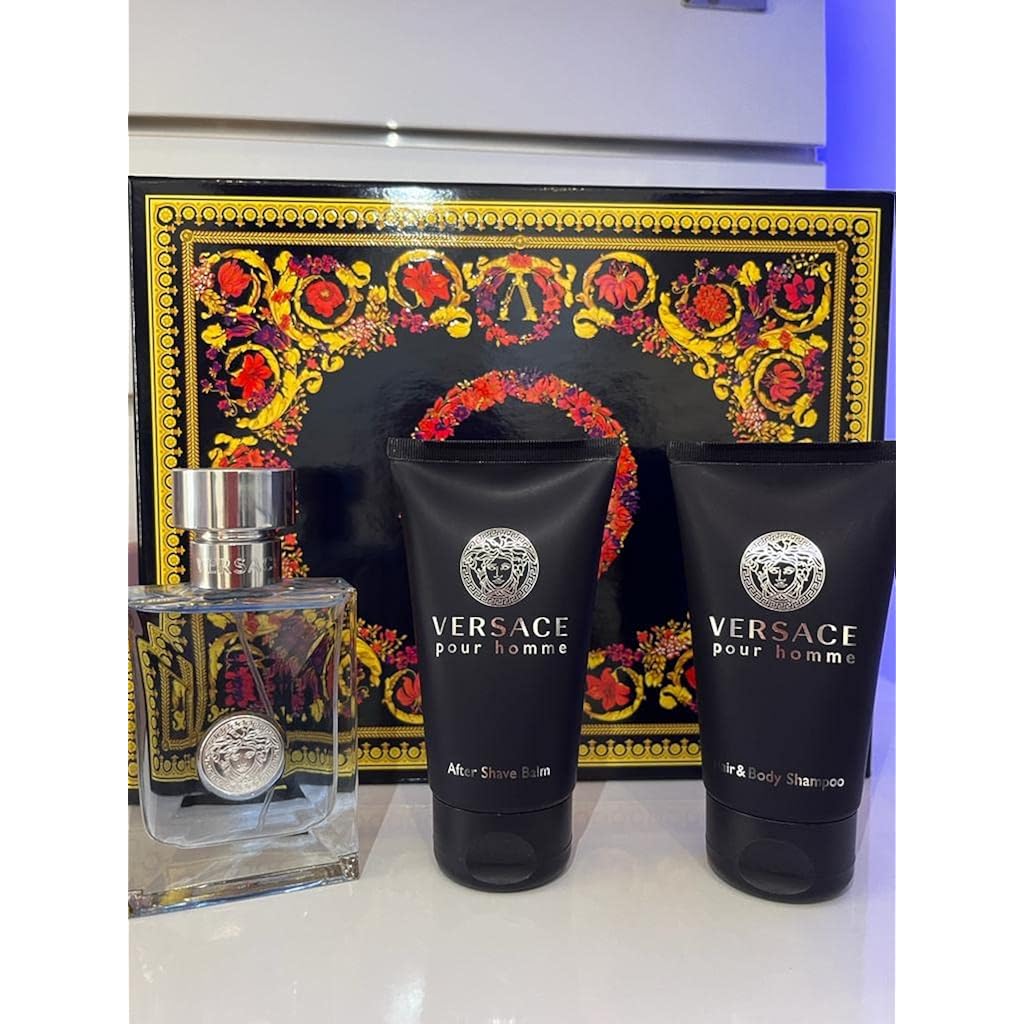 Versace Pour Homme for Men - 3 Pc Gift Set: 1.7oz EDT Spray, Hair and Body Shampoo, After Shave Balm