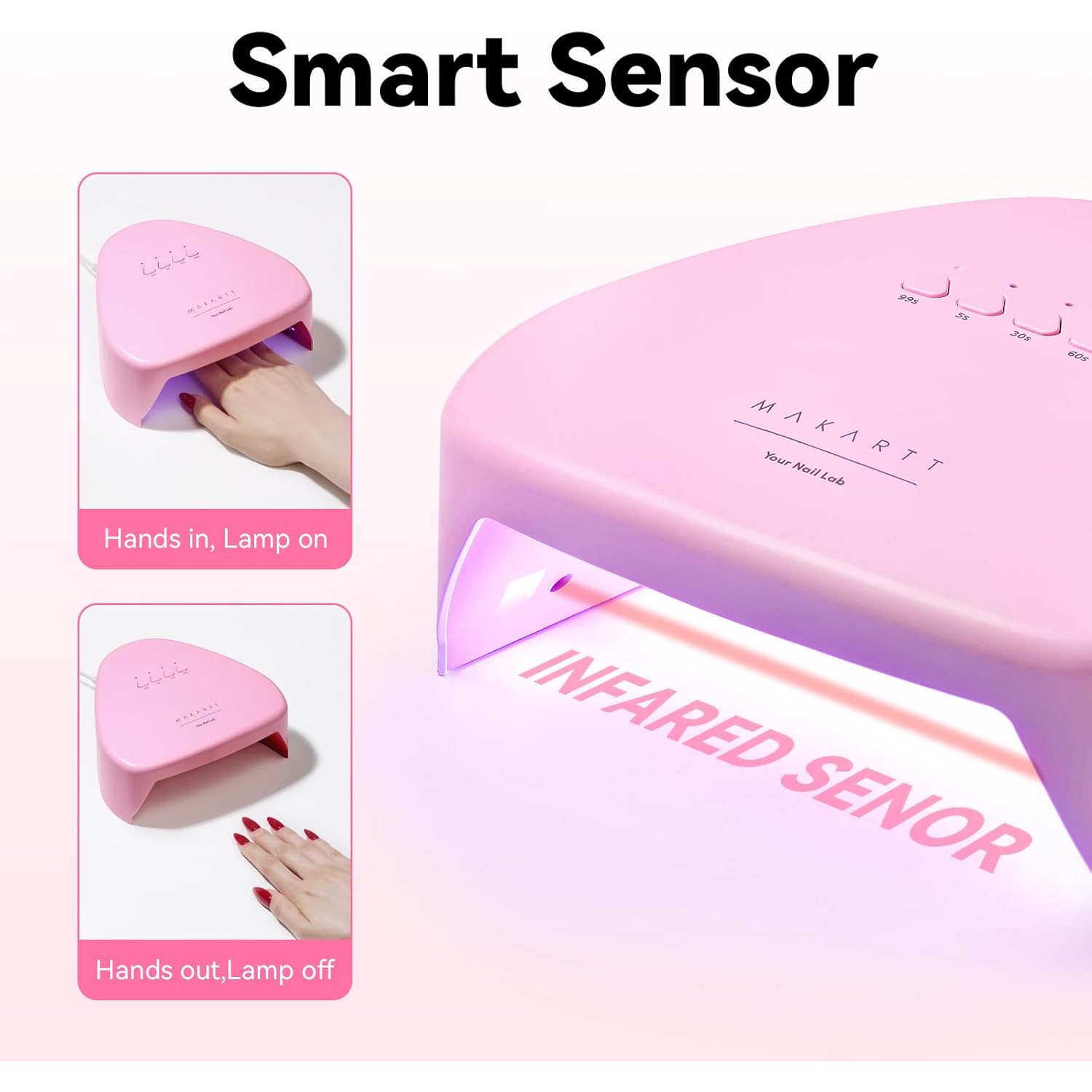 Compact Travel UV Nail Lamp for Gel Polish, Makartt 41mW/cm² Plug-in Nail Dryer with 5s Flash Cure, 99s Mode for Dark Thick Gels, Auto Sensor, 4 Timers & 18 LED Beads for Beginner Home DIY Gift (Pink)