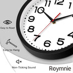 Roymnie Wall Clock Silent Non-Ticking Modern Clock Battery Operated 8 Inch Small Classic Analog Decorative For Classroom, Living Room, Office, Bedroom, School, Hotel (Black)