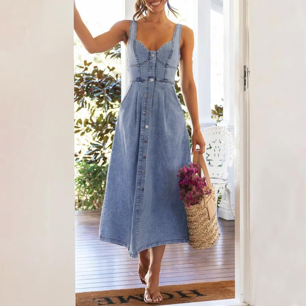 Utcoco Denim Dress For Women Sleeveless Button Down Slim Fit Midi Jean Dresses For Women 2026