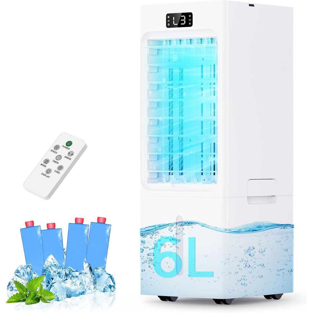 Swamp Cooler, 6L Windowless Portable Air Conditioners, 3-In-1 Evaporative Air Cooler With Remote, 4 Modes & 3 Speeds, 4 Ice Packs, Auto Oscillating, 12H Timer, Quiet Cooling Fan
