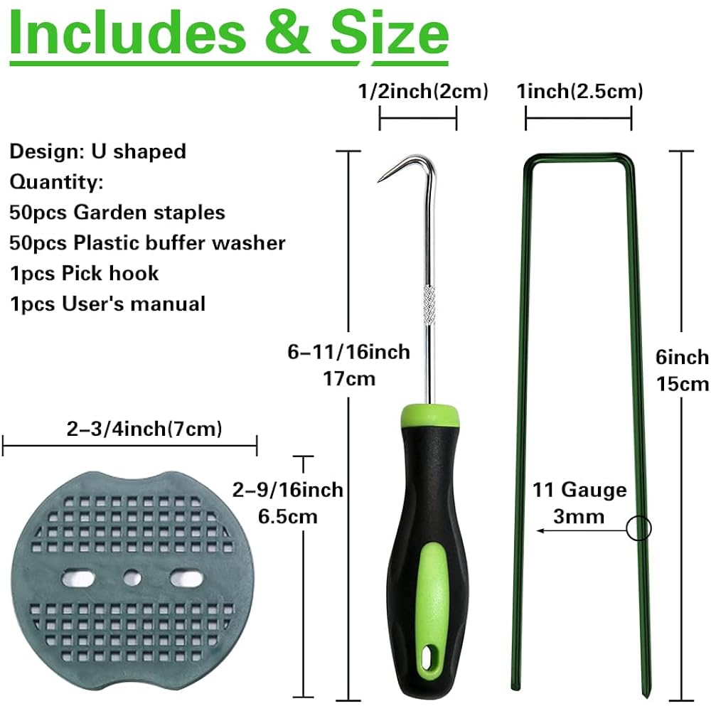 Bakulyor 50Pcs Green Artificial Turf Stakes Staples + 50Pcs Buffer Washer, 6 Inch 11 Gauge Landscape Staples, Galvanized Lawn Spikes, Heavy Duty Yard Ground Pin For Grass Weed Barrier Sod Fabric