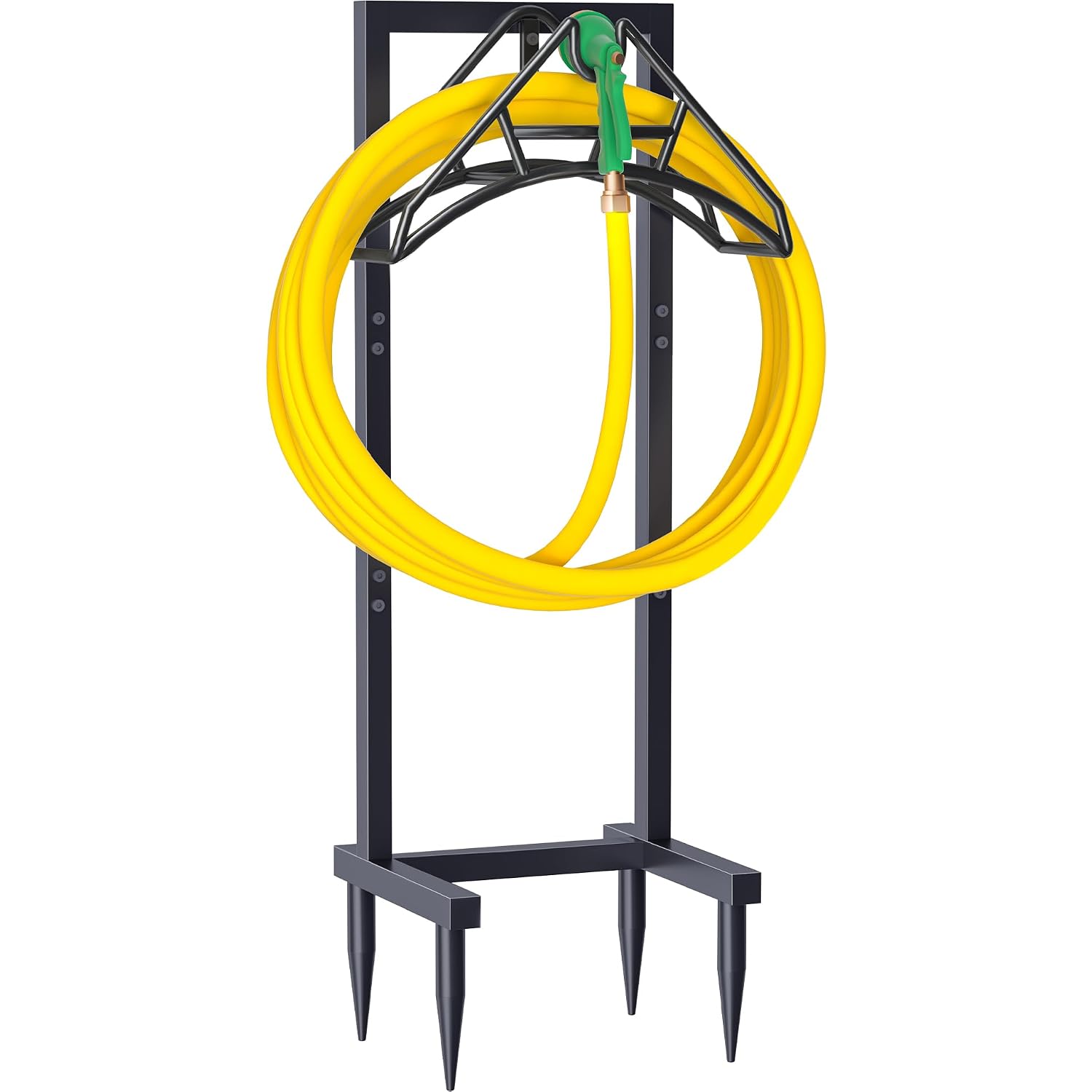 Outdoor Garden Hose Holder Freestanding With 4 Spikes, Heavy Duty Metal Water Hose Reel Stand Hanger Rack Organizer Holds Storage 150Ft Hose For Outside Yard Lawn, Black