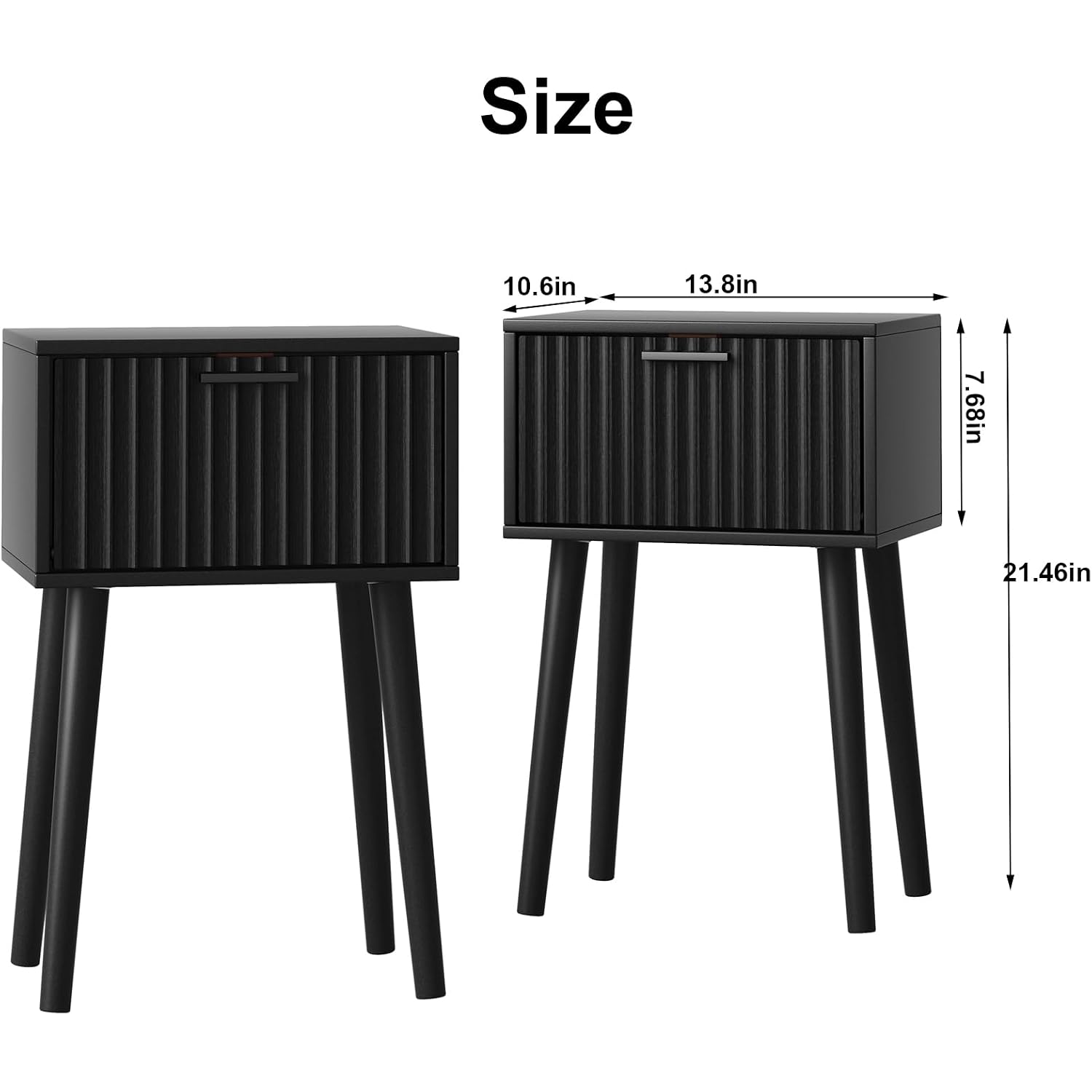 Nightstands Set Of 2, Small Side Table, Bedside Table With Fluted Door, Solid Wood Feet, Modern Mid-Century End Table For Bedroom, Small Space, Black