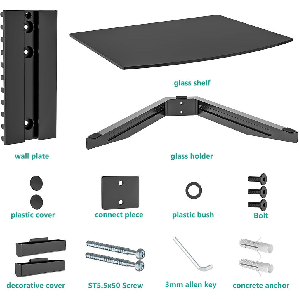 Wali Floating Tv Shelf, 1 Tier Glass Projector Shelf For Dvd Players, Routers, Game Consoles, Cable Boxes, Living Room Decor, Wall Mount Shelves Hold Up To 17.6Lbs (Cs201B), 1-Shelf, Black