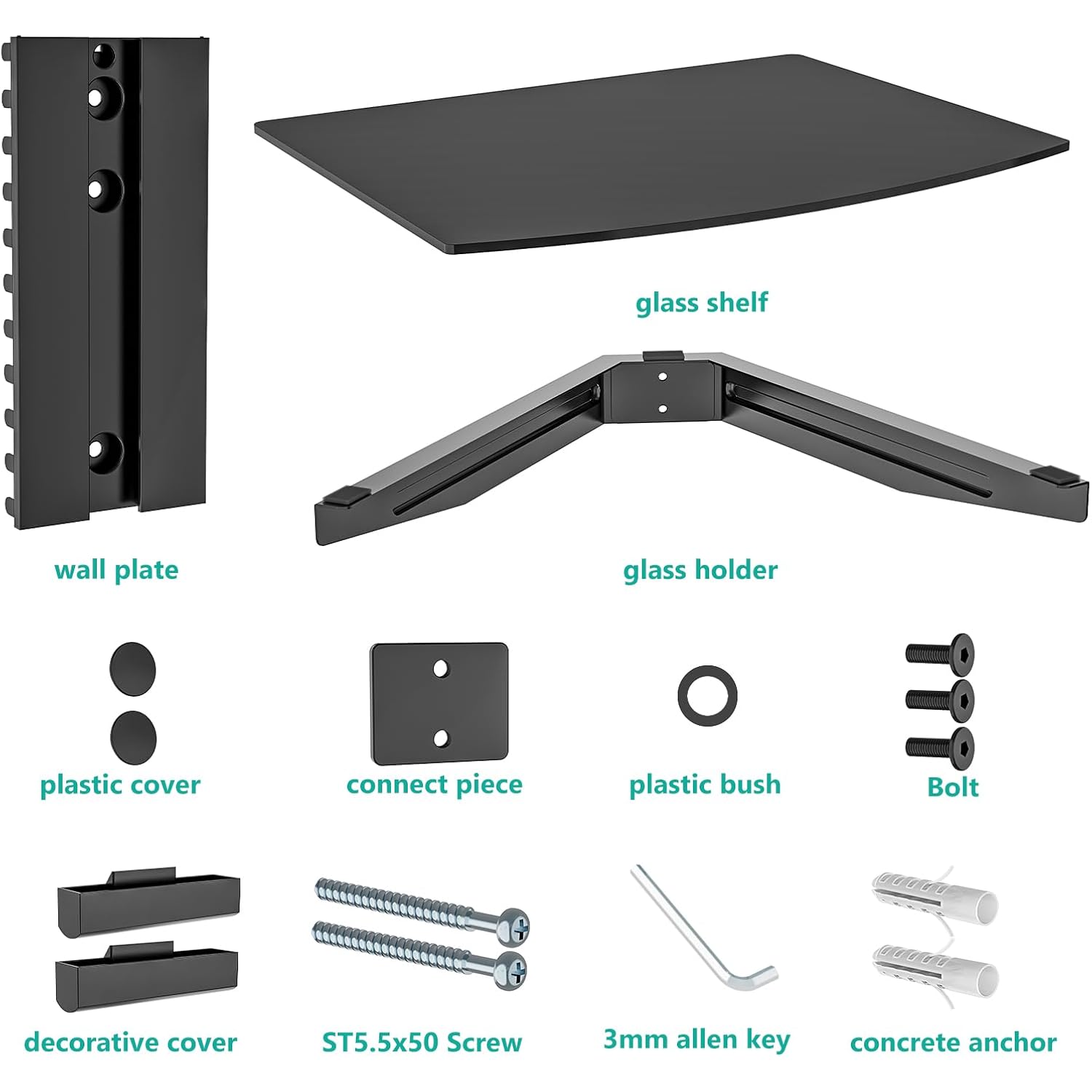 Wali Floating Tv Shelf, 1 Tier Glass Projector Shelf For Dvd Players, Routers, Game Consoles, Cable Boxes, Living Room Decor, Wall Mount Shelves Hold Up To 17.6Lbs (Cs201B), 1-Shelf, Black