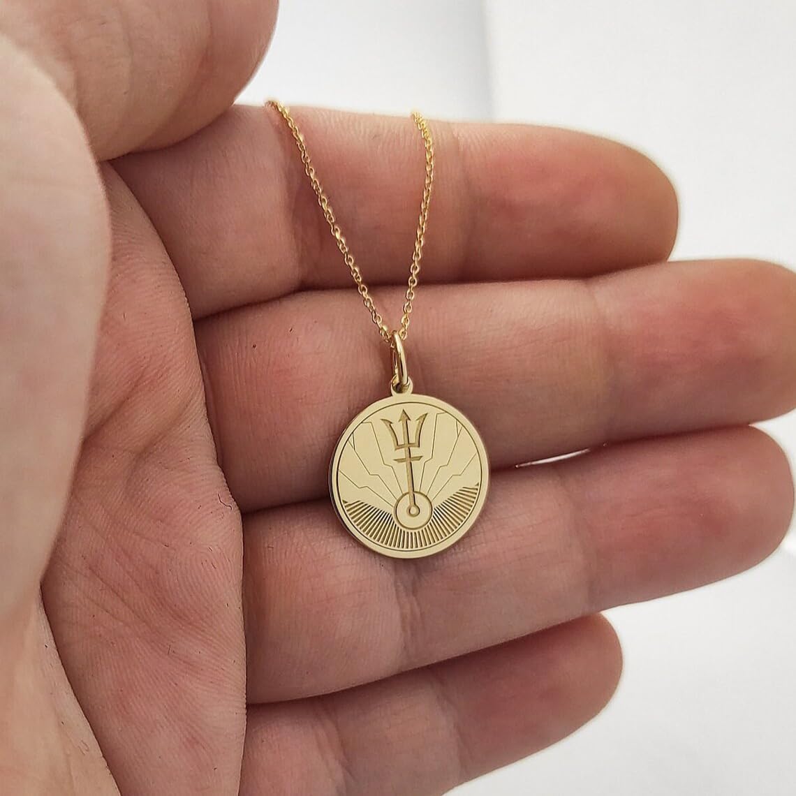 14K Solid Gold Trident Necklace – Ocean Inspired Pendant for Women & Men – Mythology Symbol Medallion Charm – Minimalist Sea Power Jewelry – Nautical Coin Necklace Gift