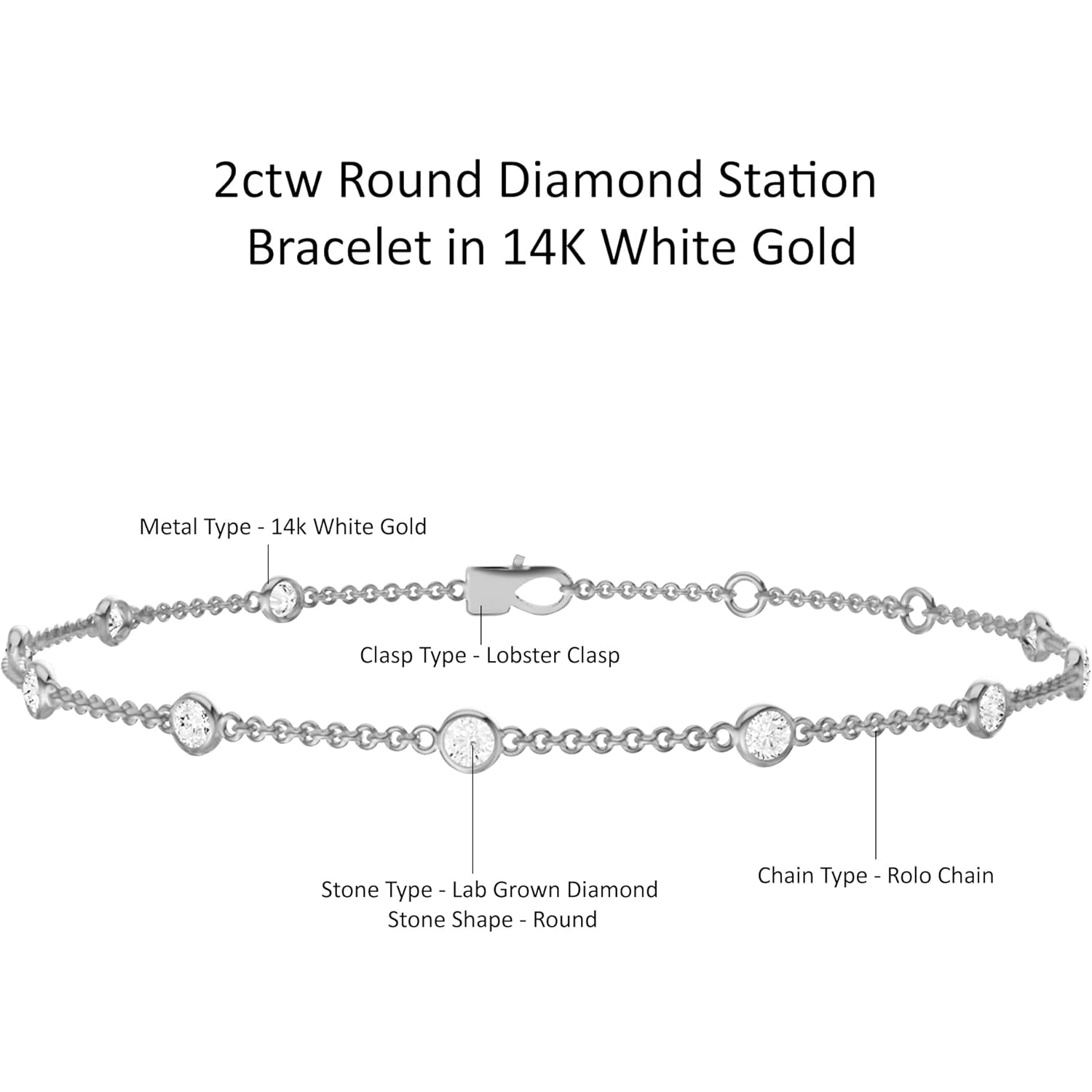 1/4 Carat to 4 Carat Round Lab Grown Diamond Station Bracelet | 14K Yellow or White Gold Ten Stone Bezel Set Bracelet Size 7" | E-F Color and VS1-VS2 Clarity