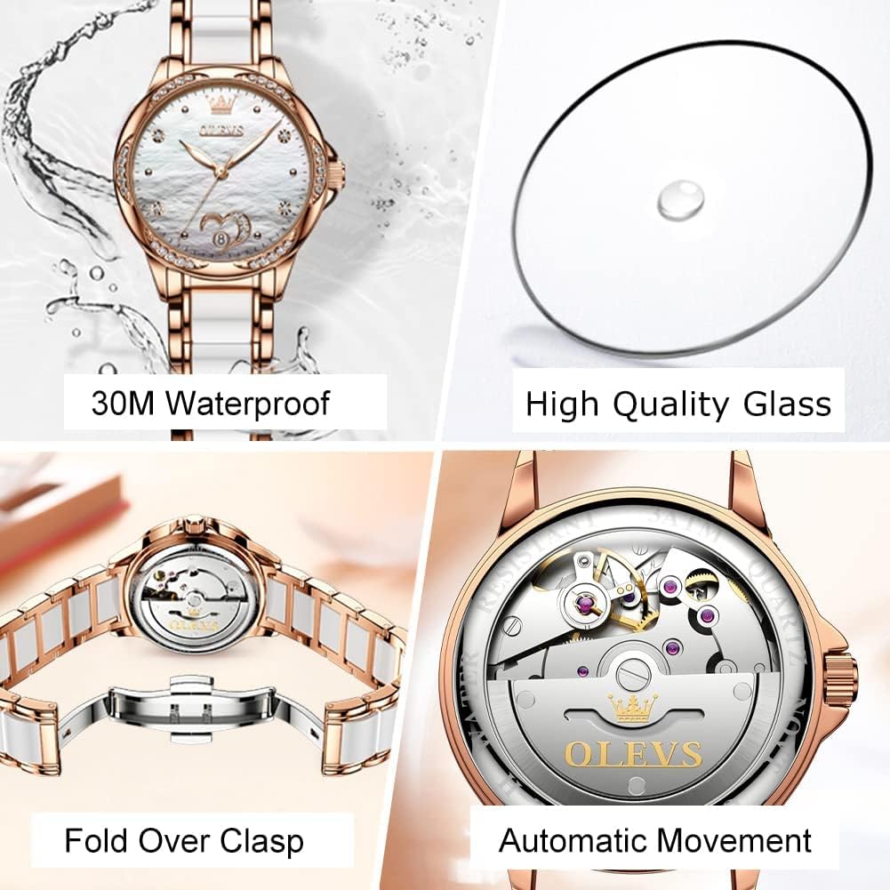 Olevs Womens Automatic Watch, Premium Large Face Diamond Accented Self Winding Watches For Women, Fashion Waterproof Ladies Dress Watch, Two Tone Stainless Steel Ceramic Bracelet