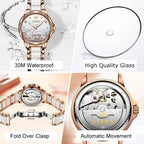 Olevs Womens Automatic Watch, Premium Large Face Diamond Accented Self Winding Watches For Women, Fashion Waterproof Ladies Dress Watch, Two Tone Stainless Steel Ceramic Bracelet