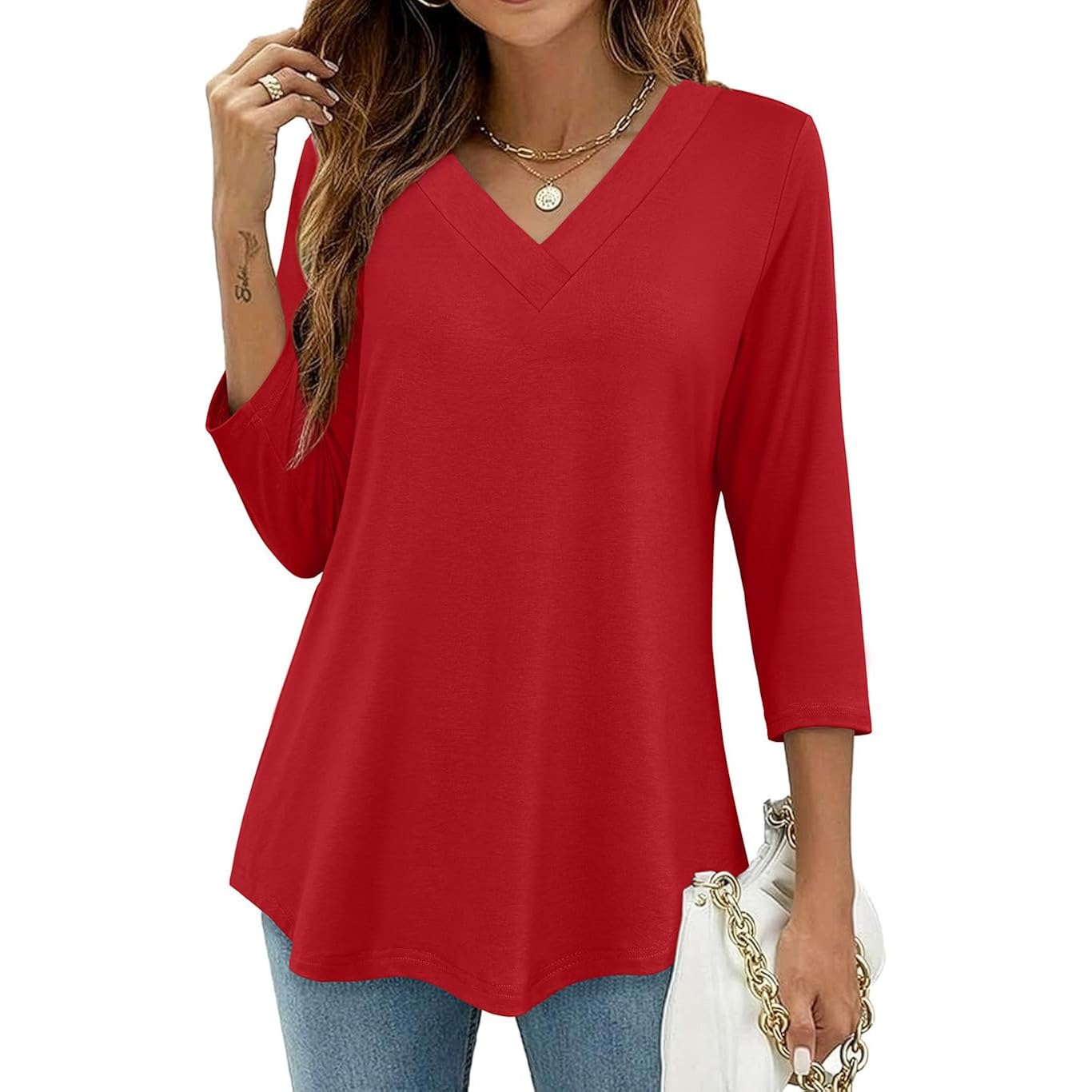 JUSTFASHIONNOW Womens 3/4 Length Sleeve Tops V Neck Split Tunic Tops Flowy T Shirts Summer 2026 Dressy Casual Blouses