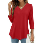 JUSTFASHIONNOW Womens 3/4 Length Sleeve Tops V Neck Split Tunic Tops Flowy T Shirts Summer 2026 Dressy Casual Blouses