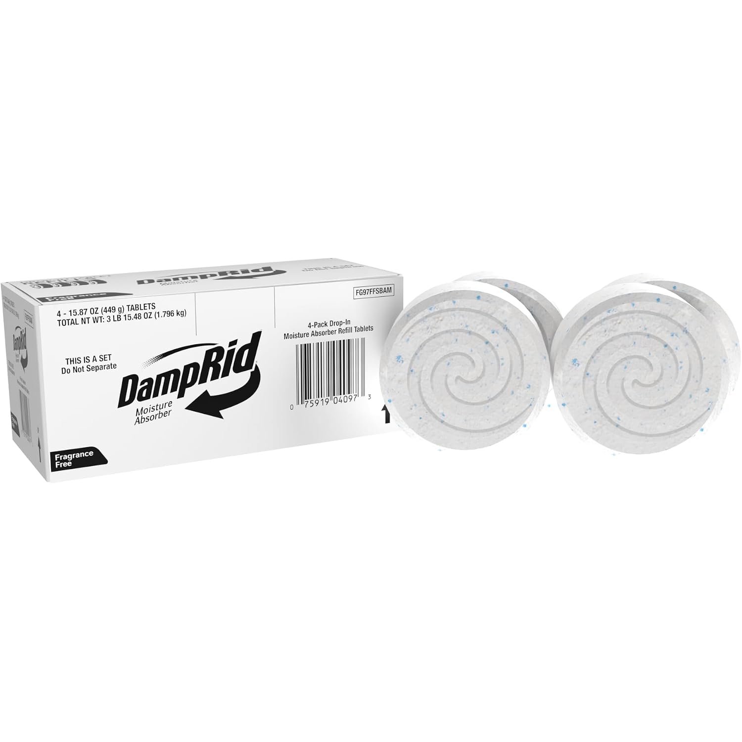 Damprid Moisture Absorber Drop-In Tablet Refill Pack, Fragrance Free, 15.8 Oz., 4 Pack, Attract And Trap Excess Moisture And Eliminate Musty Odors For Cleaner, Fresher Air