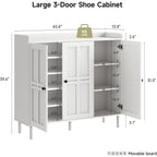 Shoe Cabinet With 3 Doors And Adjustable Shelves, 30 Pairs Shoe Storage Cabinet, 40 Inch Tall Farmhouse Shoe Rack Shoe Organizer Cabinet For Entryway Living Room Closet, White