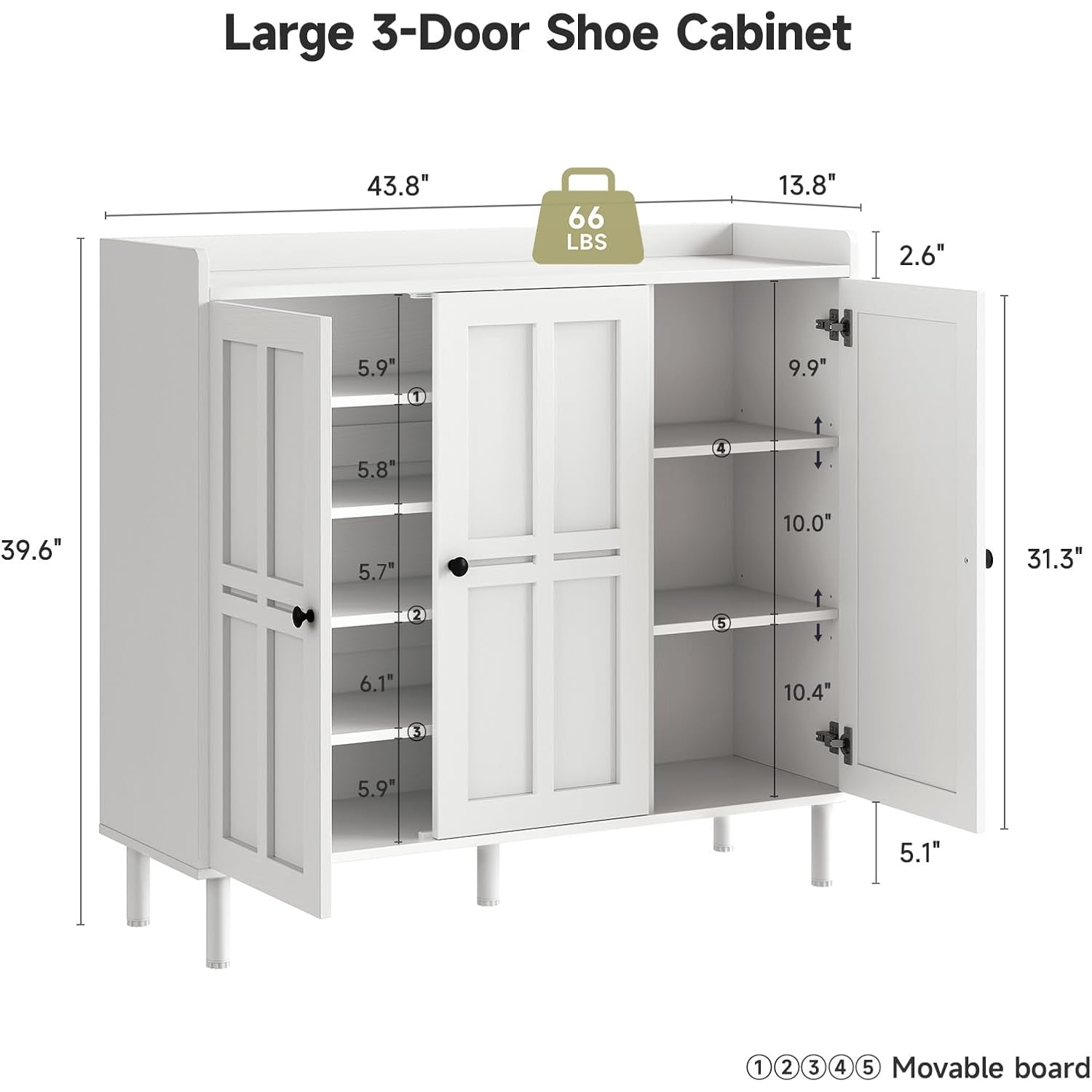 Shoe Cabinet With 3 Doors And Adjustable Shelves, 30 Pairs Shoe Storage Cabinet, 40 Inch Tall Farmhouse Shoe Rack Shoe Organizer Cabinet For Entryway Living Room Closet, White