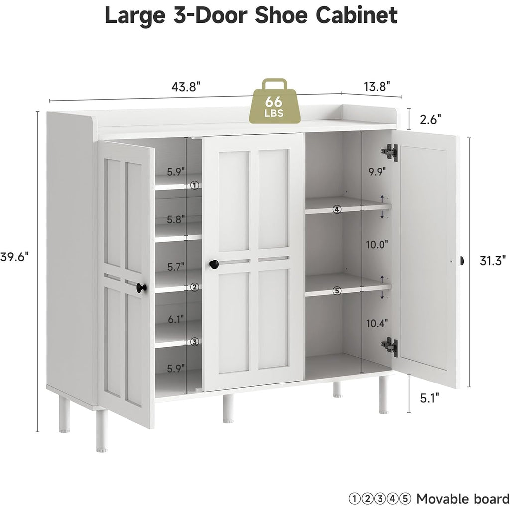 Shoe Cabinet With 3 Doors And Adjustable Shelves, 30 Pairs Shoe Storage Cabinet, 40 Inch Tall Farmhouse Shoe Rack Shoe Organizer Cabinet For Entryway Living Room Closet, White