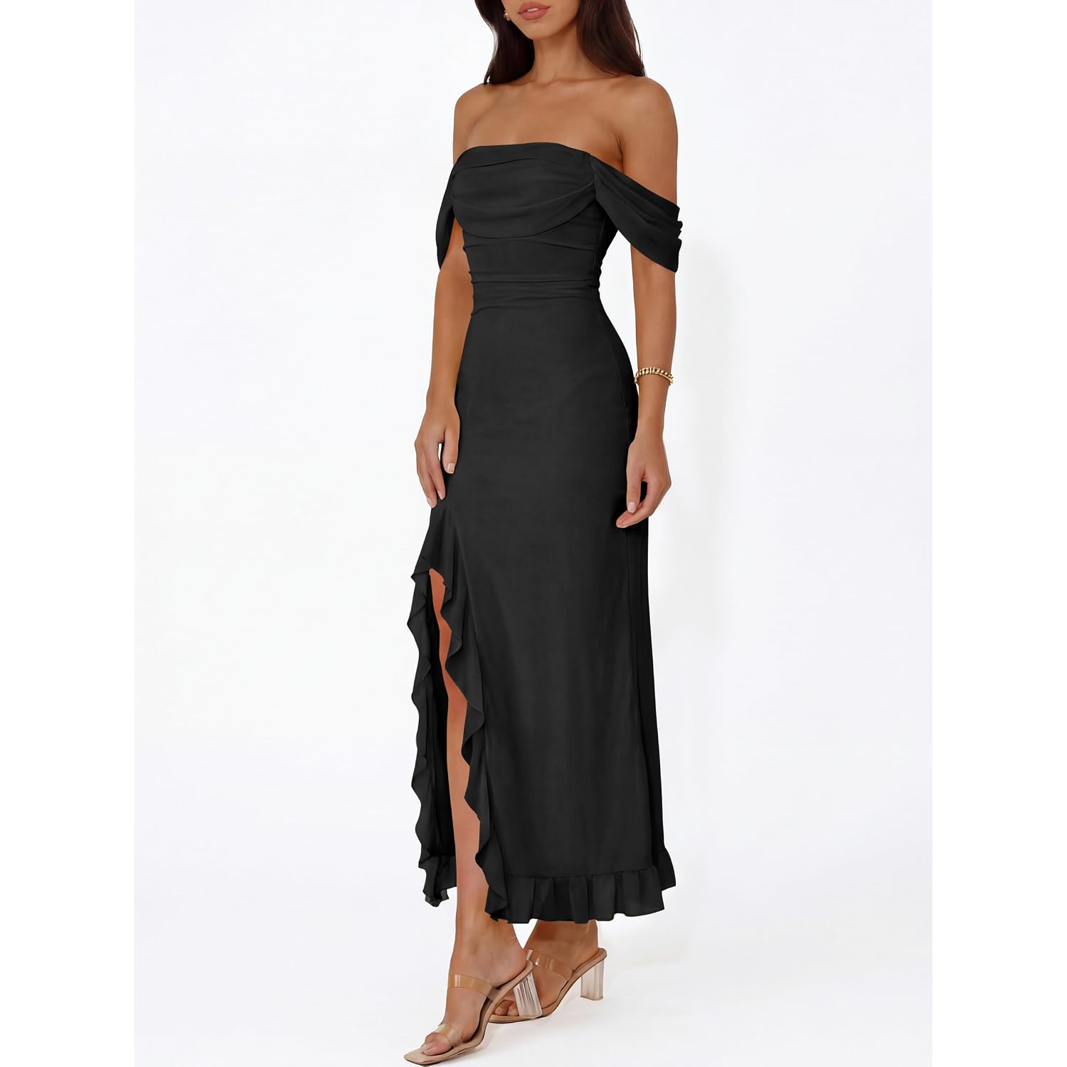 Caracilia Womens Summer Off The Shoulder Formal Bodycon Maxi Dresses High Slit Ruffle Hem Mesh Wedding Guest Cocktail Dress