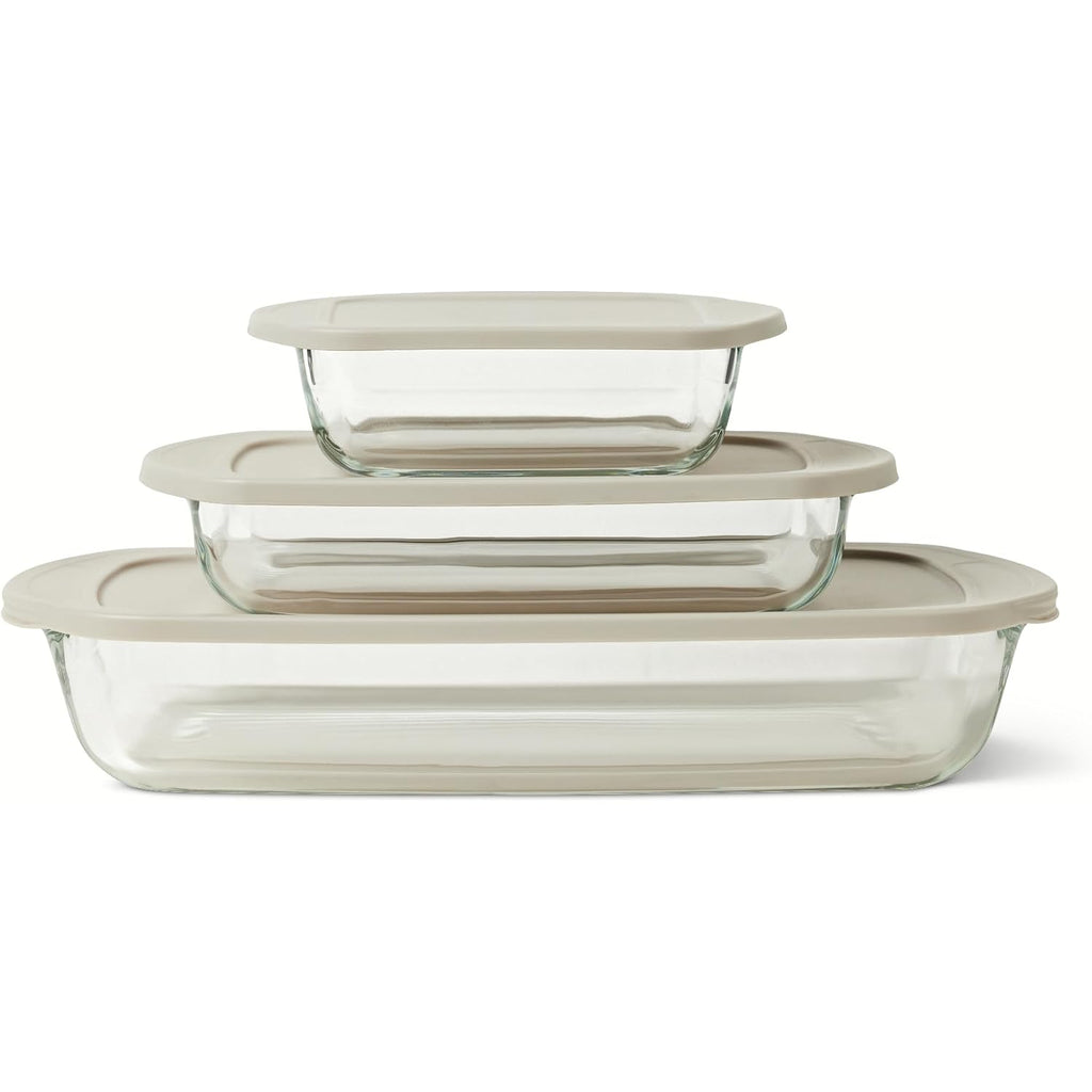 Amazon Basics Glass Baking Dishes With Bpa-Free Lids, 6-Piece Bakeware Set, Borosilicate Glass, Oven-Safe Up To 752°F, Non-Slip And Stackable, Dishwasher-Safe, Linen Gray