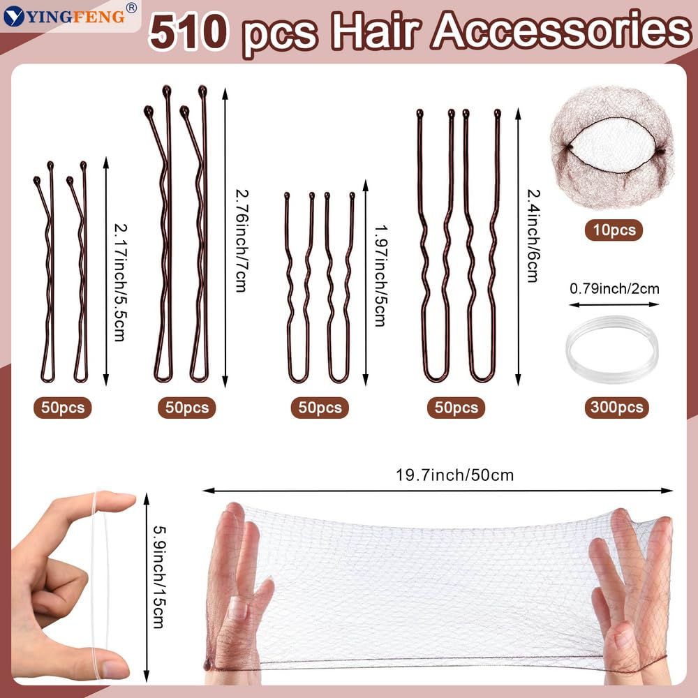 510Pcs Brown Bobby Pins Hair Pins Kit With Hair Net, Yingfeng Includes 100 Bobby Pins For Women, 100 U-Shaped Buns Hair Clips, 300 Hair Bands And 10 Brown Hair Nets, Dance Competition Must Haves