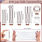 510Pcs Brown Bobby Pins Hair Pins Kit With Hair Net, Yingfeng Includes 100 Bobby Pins For Women, 100 U-Shaped Buns Hair Clips, 300 Hair Bands And 10 Brown Hair Nets, Dance Competition Must Haves