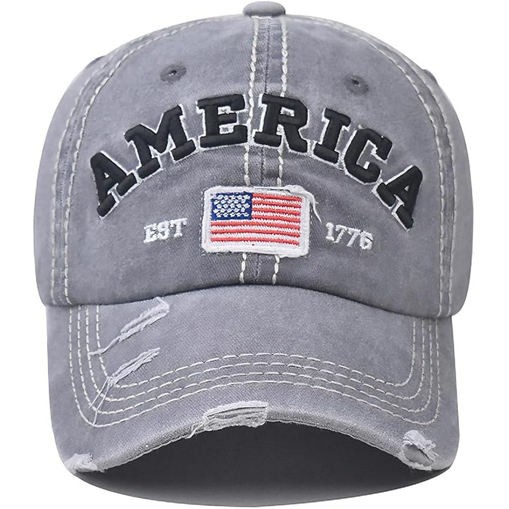 American Flag Hat for Men Women USA Flag Embroidery Distressed Adjustable Cotton Baseball Cap Dad Hat Est 1776 Red