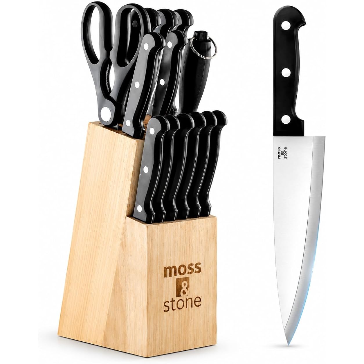 Moss & Stone 14 Pcs Knife Block Set Stainless Steel, Premium Forged Kitchen Knives Set With High-Carbon Blades, Ergonomic Handle, Sharp Blade, Rust Resistant, Modern Style For Home & Chef, Black