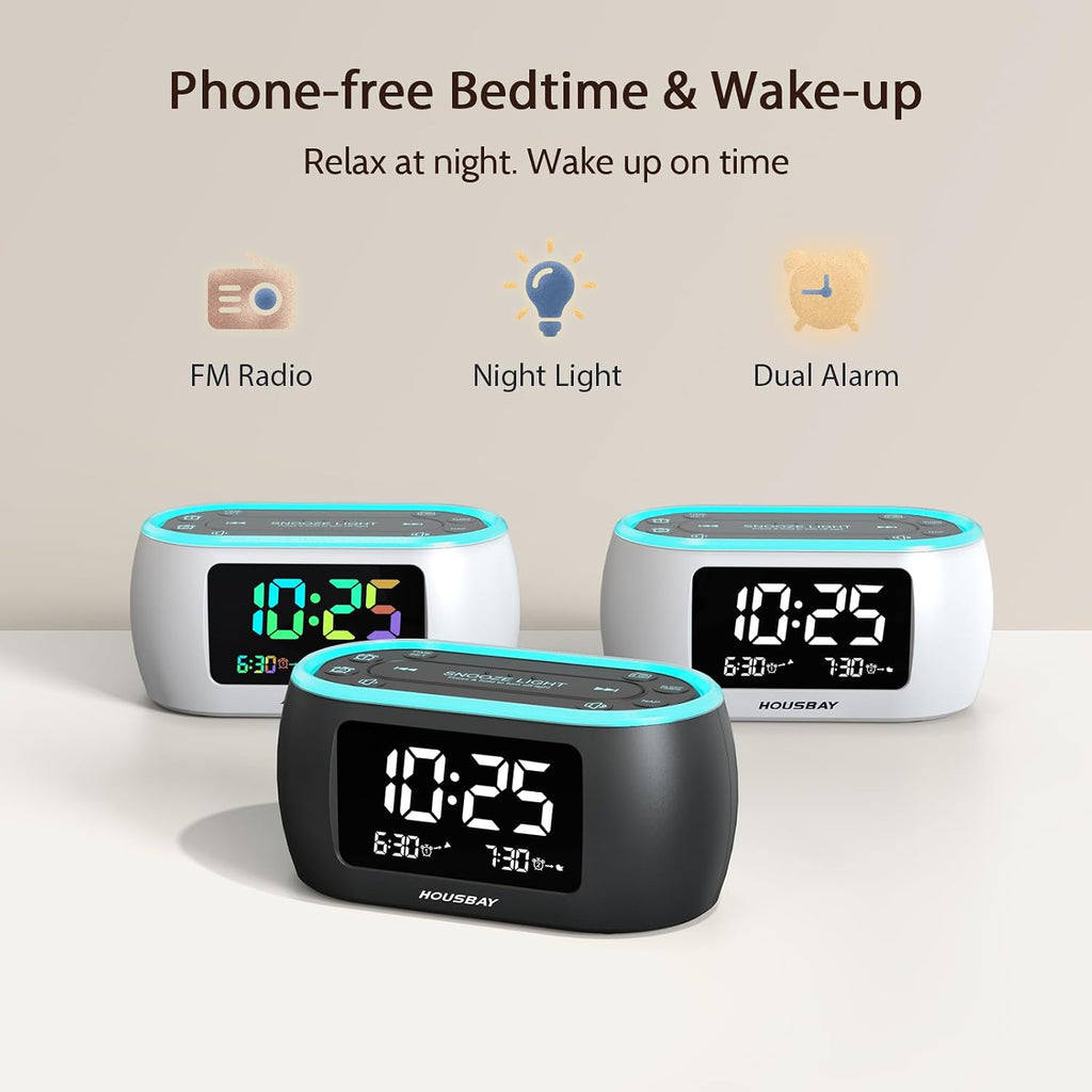 Housbay Digital Alarm Clock Radio For Bedrooms, Phone-Free Wake-Up With Dual Alarm, Night Light, Small Radio Clock For Bedside | Phone-Free Wake-Up With Dual Alarm, Fm Radio For Favorite Stations, Small Radio Clock For Bedside, Battery Backup