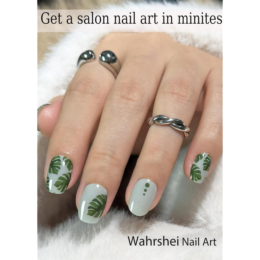 UV Gel Nail Stickers, Green Leaf 20pcs Semi Cured Gel Nail Strips, Wraps for Home Manicure DIY