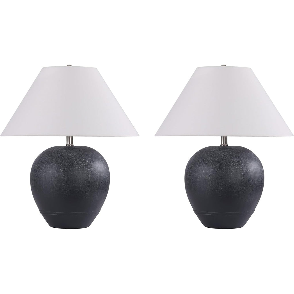 21'' Large Gray Base Ceramic Basin Table Lamp Set Of 2 For Bedroom, Living Room, Dining Room, Office, White Shade,White Smudged Black Base