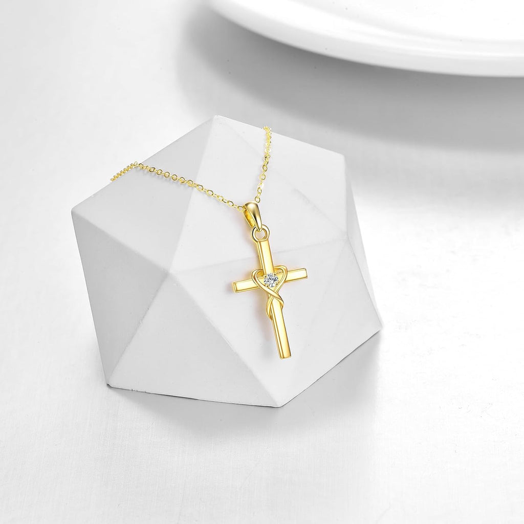 KECHO 14K Solid Gold Cross Necklace for Women Delicate Gold Diamond Heart Cross Pendant Necklace Religious Jewelry Christmas Gifts for Wife Mom Friends