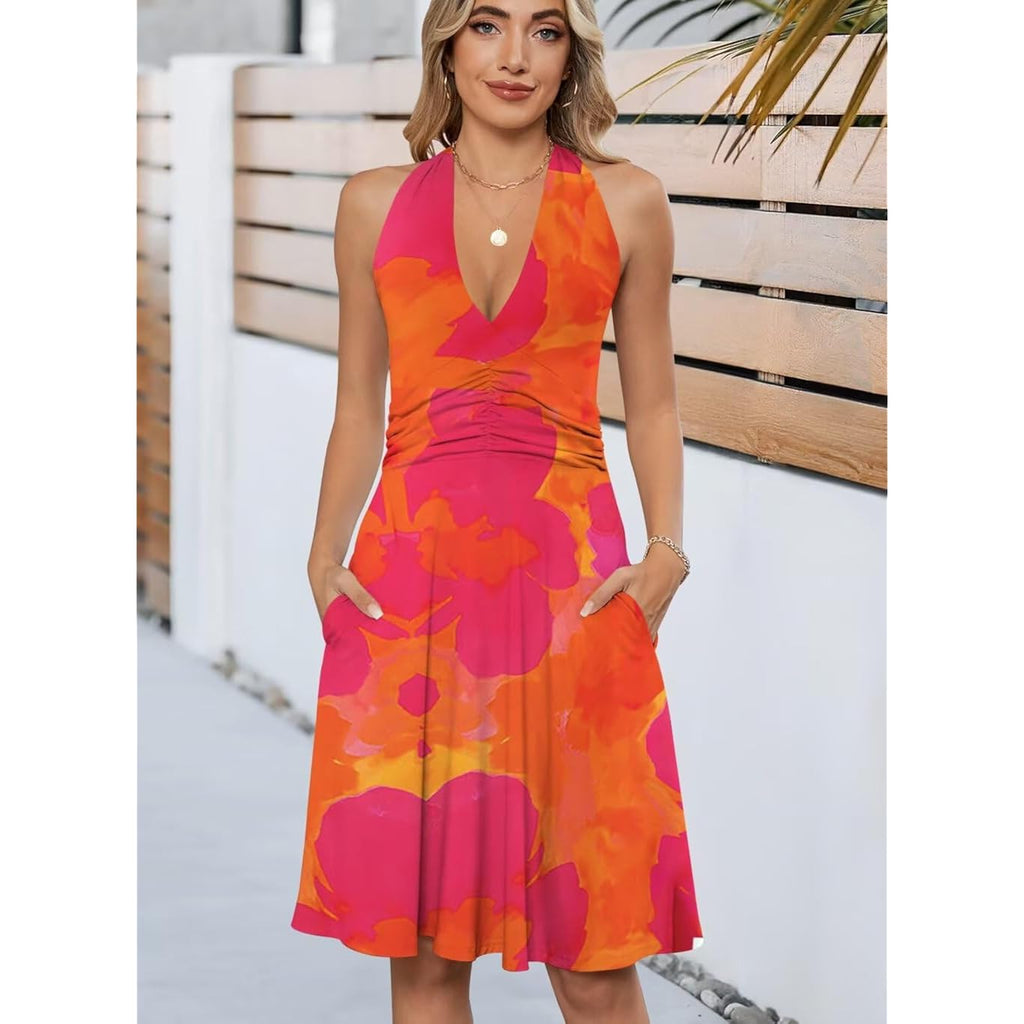 Wkior Womens Sundress Summer Beach Vacation Sleeveless Halter Neck A-Line 2026 Boho Floral Midi Dress With Pockets