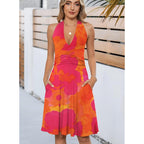 Wkior Womens Sundress Summer Beach Vacation Sleeveless Halter Neck A-Line 2026 Boho Floral Midi Dress With Pockets