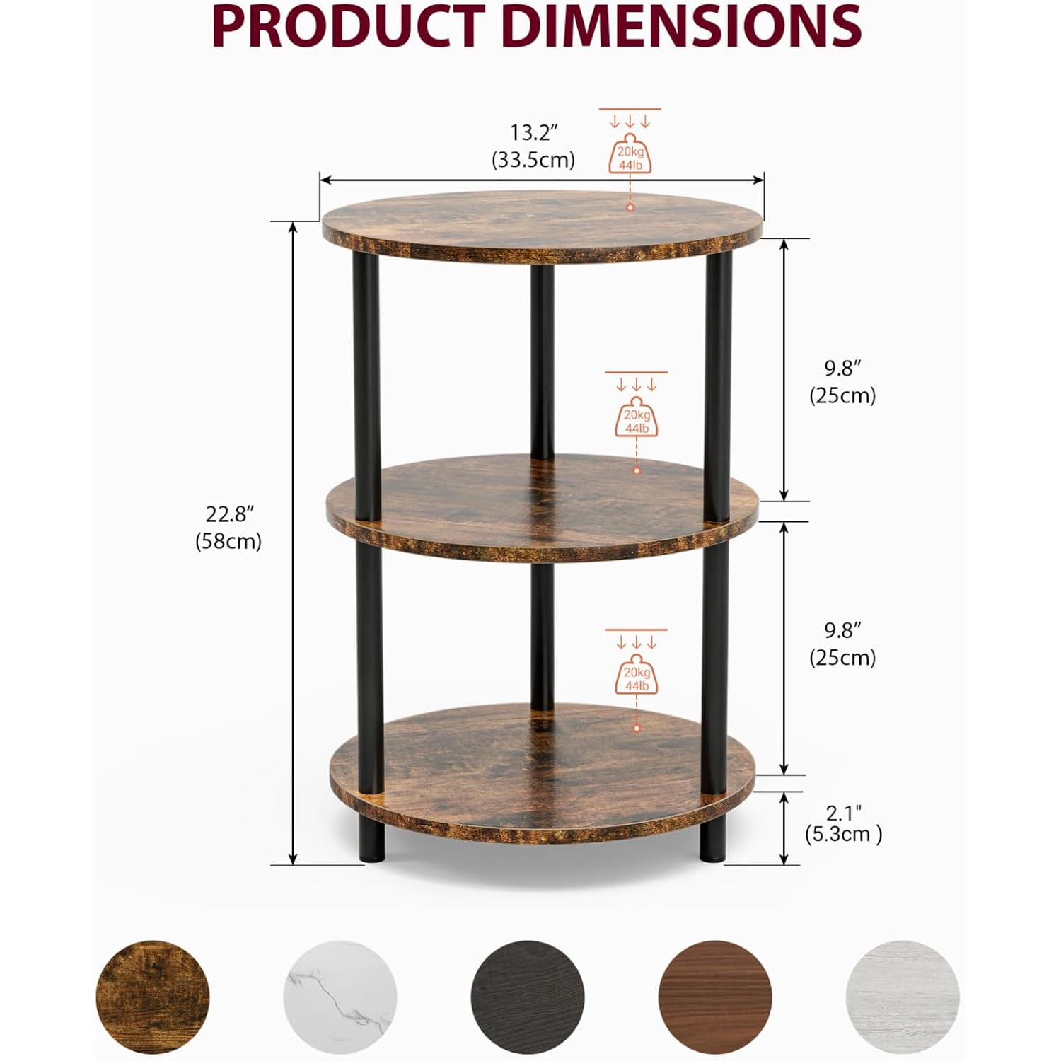 Xburmo Small Round Coffee Table - 3 Tier Design Accent Table, Narrow Side Or Bedside Stand, Industrial Vintage Nightstand For Bedroom, Living Room, Or Small Spaces, Rustic Brown