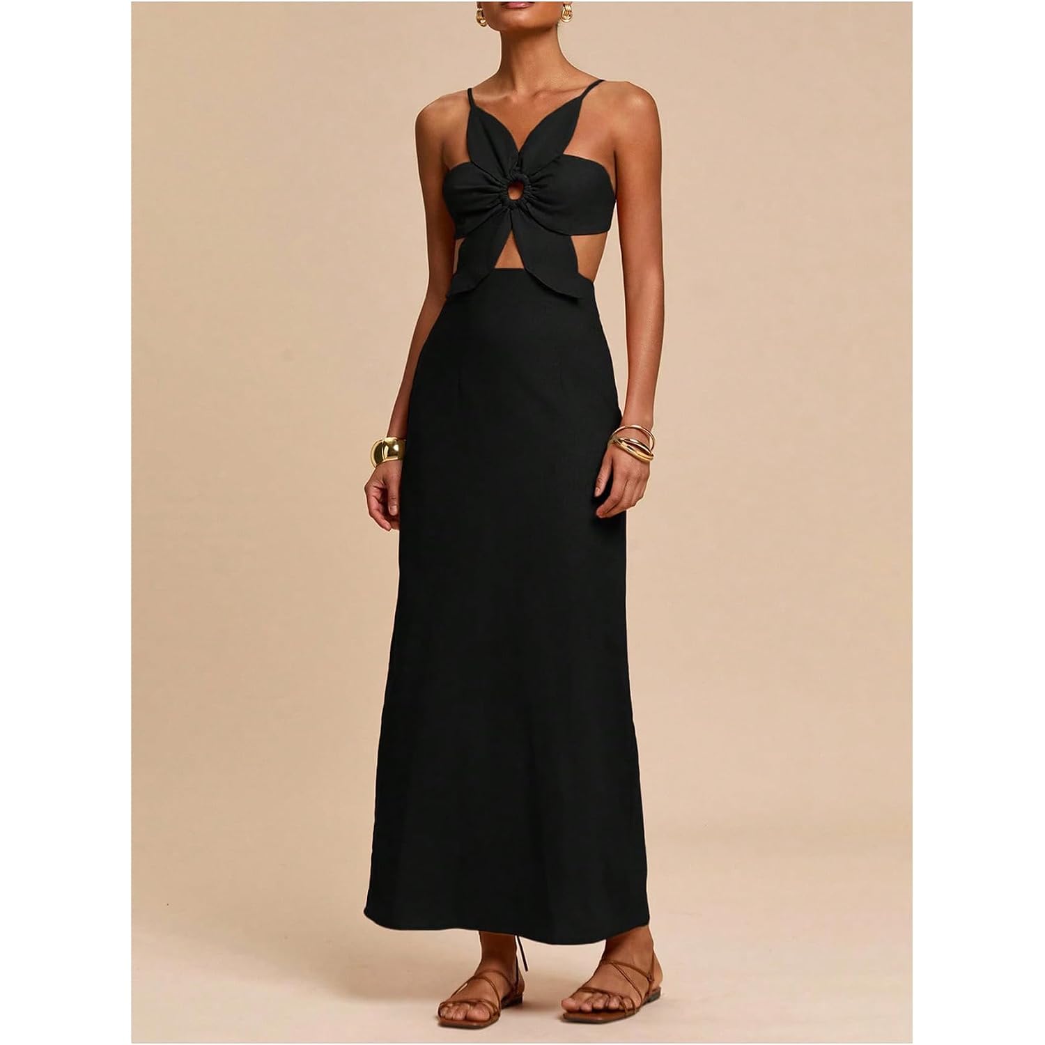 Shenhe Women'S Petal Backless Linen Maxi Dress Keyhole Cut Out Vacation Zipper Summer Dresses